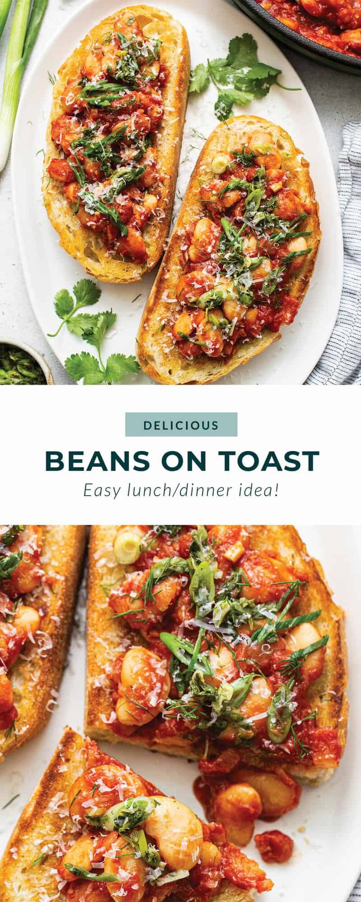 two plates with bread topped with beans and spinach on toast, one has been sliced into