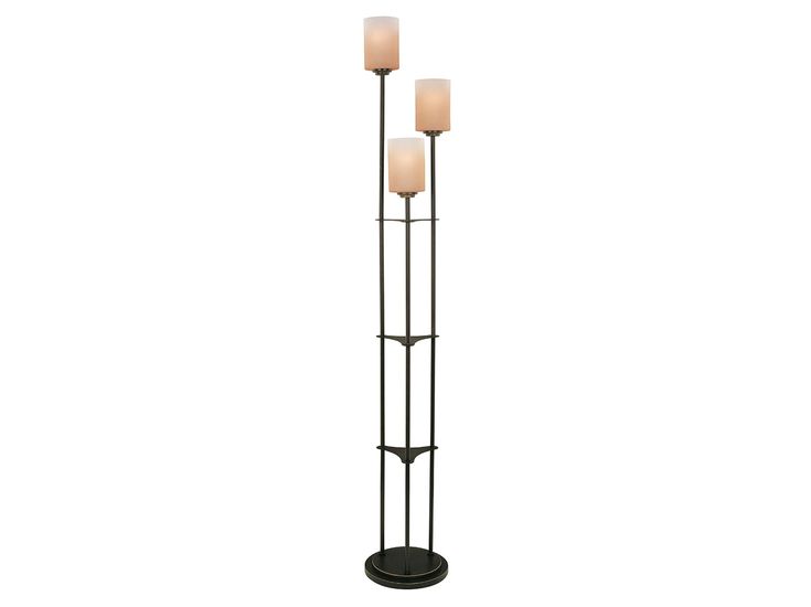 three light floor lamp with four lights on each side and one is turned off to the side