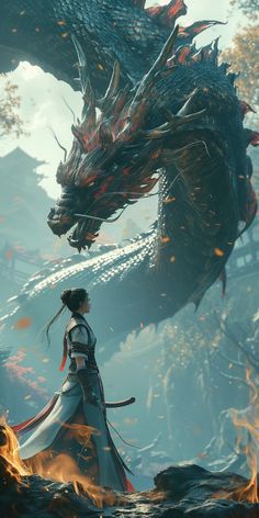 a woman standing in front of a fire breathing dragon on top of a forest filled with trees