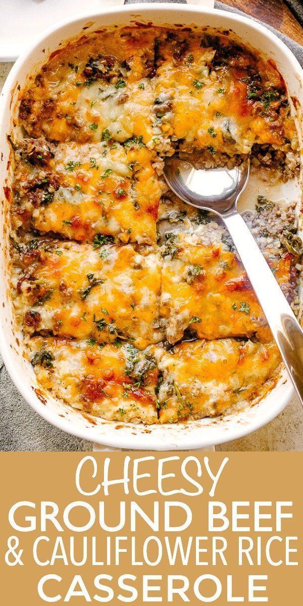 cheesy ground beef and cauliflower rice casserole in a baking dish