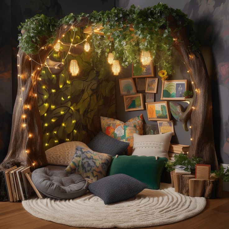 a bed with lots of pillows on top of it and lights hanging from the headboard