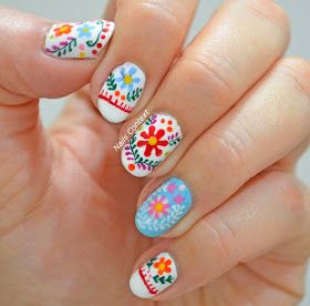 Fiesta Nails Designs Mexican, Mexican Embroidered Nails, Mexican Embroidery Nails, Embroidery Nails, Fiesta Nails, Mexican Prints, Mexican Nails, Quinceanera Nails, Food Nails