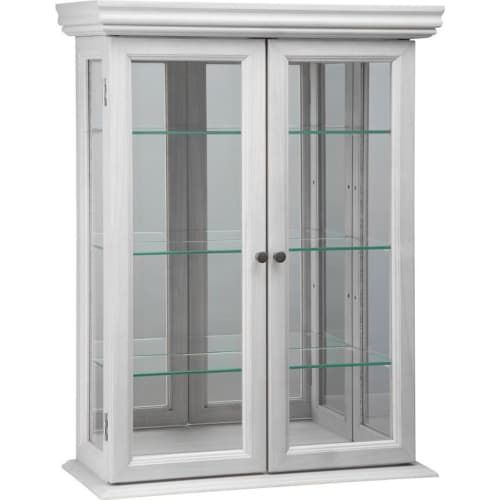 a white china cabinet with glass doors on the top and bottom shelves, both side - by - side