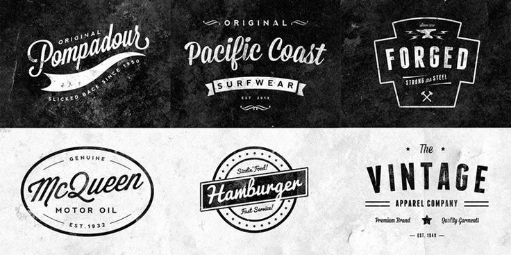 the logos for different types of vintage products are shown in black and white, including an old