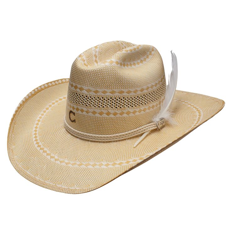 Introducing the 20X Hello Sunshine, the pinnacle of cowgirl couture. With a beautiful Ivory and wheat color this 20X shantung hat is paired with a woven rope hatband and charmed with a metal pin and white feather making it an essential addition to any cowgirl. Brim: 4 1/4" Crown: 4 5/8" Color: Natural/Wheat Material: Shantung Straw Leather Sweatband Fitted Cream Western Panama Hat, Fitted Cream Panama Hat In Western Style, Beige Straw Hat With Curved Brim For Rodeo, Western Cream Brimmed Hat, Beige Brimmed Straw Hat For Ranch, Cream Western Brimmed Hat, White Panama Hat For Western-themed Events, Cream Panama Hat With Short Brim For Ranch, Cream Wide Brim Panama Hat For Rodeo