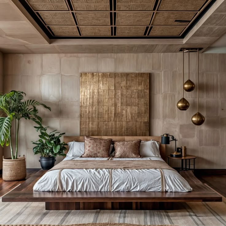 a large bed sitting in a bedroom next to a wooden table and potted plants