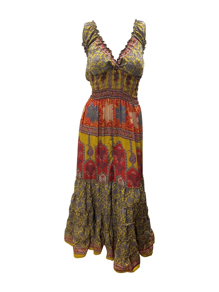 *NEW ARRIVAL* Material: Recycled Sari Fabric (70% silk- 30% viscose) Bust: 44'' Length: 53'' - Boho -  Low V neckline - maxi long dress - Flowy - Elasticated waist - Ruffle hem - Abstract/paisley prints - Retro chic - Spring/ summer festival MADE FROM RECYCLED SARI FABRIC RJ24 Colorful Boho Dress, Bohemian Style Outfits Summer, Casual Multicolor Silk Maxi Dress, Flowy Bohemian Viscose Dress, Flowy Bohemian Viscose Boho Dress, Flowy Bohemian Boho Dress In Viscose, Summer Silk Dresses With Boho Print, Casual Flowy Silk Maxi Dress, Silk Boho Print Summer Dresses