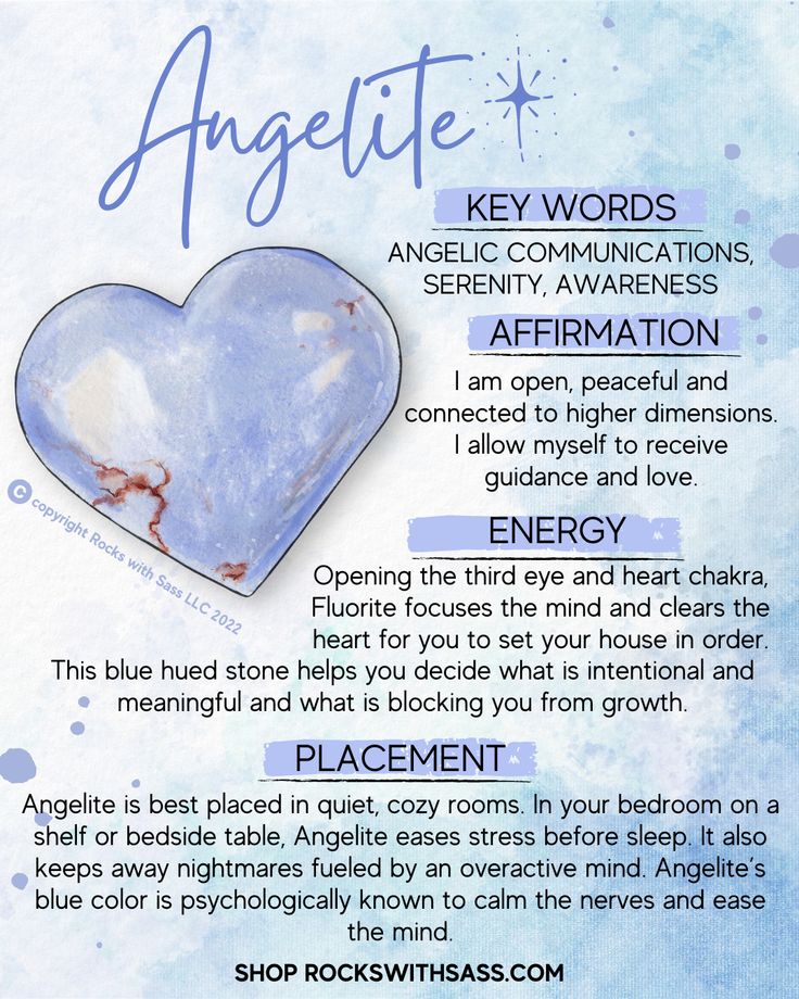 Approximate size: .75 - 1” LOCALITY: Peru You will receive 1 piece of Angelite and a meaning card with your order. KEY WORDS: Angelic Communications, Serenity, Expanded Awareness ENERGY: To better strengthen your relationship and connection to your spiritual guides, Angelite is here to help. Channeling energy through the throat and third eye up to the crown, this dreamy blue stone connects your senses beyond the physical plane. Symbols, signs, and messages will be easier to hear and see when usi Crystal Healing Chart, Channeling Energy, Magic Spell Book, Key Words, Crystals Healing Properties, Spiritual Crystals, Spiritual Guides, Crystal Healing Stones, Crystal Magic