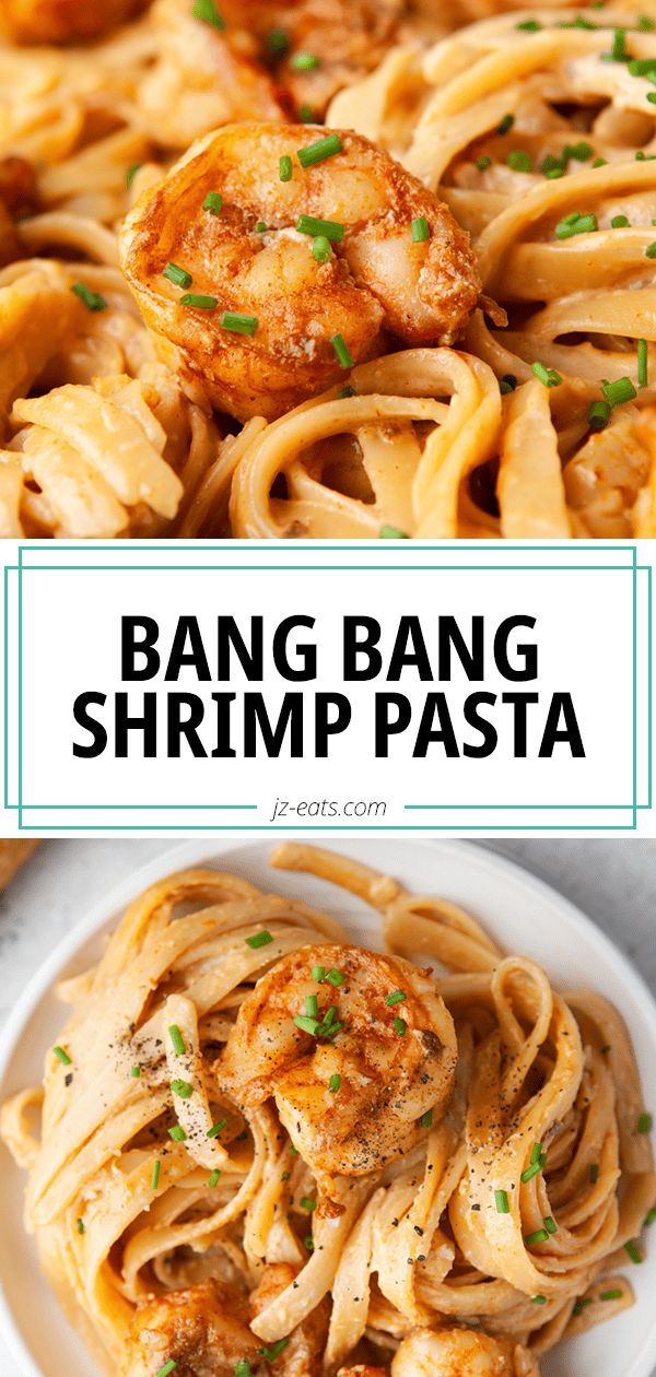 bang bang shrimp pasta on a white plate