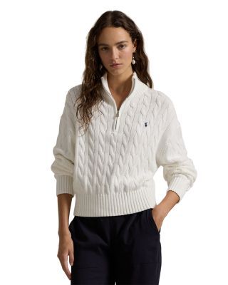 Combining the casual styling of a pullover with Ralph Lauren's iconic cable-knit construction, this quarter-zip sweater is crafted with chunky cotton yarn and meticulously embroidered with our signature Pony at the chest. Sweater Zip Up, Quarter Zip Outfits, Knit Quarter Zip, Jumper For Women, Dinner Outfits Winter, Ralph Lauren Quarter Zip, Women Ralph Lauren, Quarter Zip Sweater, Ralph Lauren Jeans