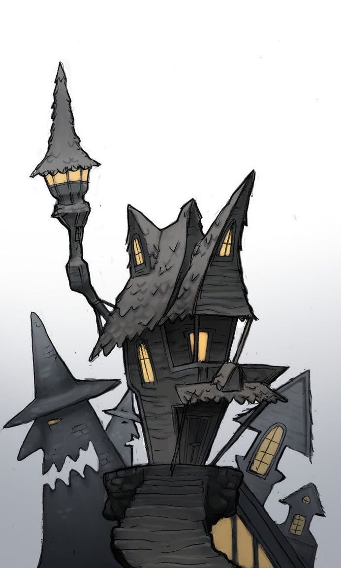 a drawing of a house that is in the air with some witches flying around it