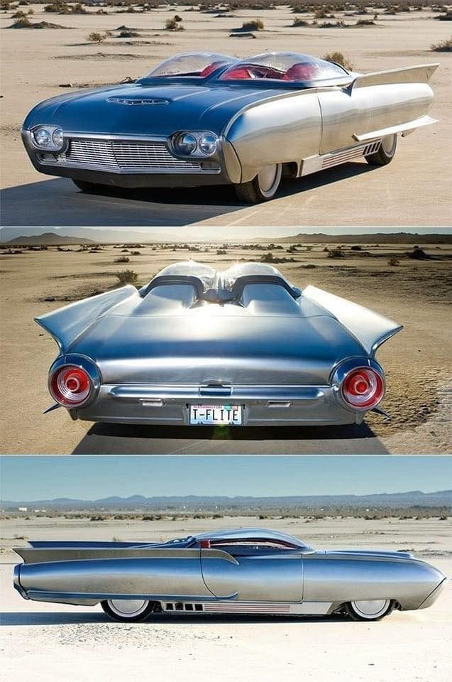 three different views of an old car in the desert, one is silver and the other is blue