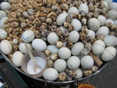 an assortment of eggs in a bucket on the ground