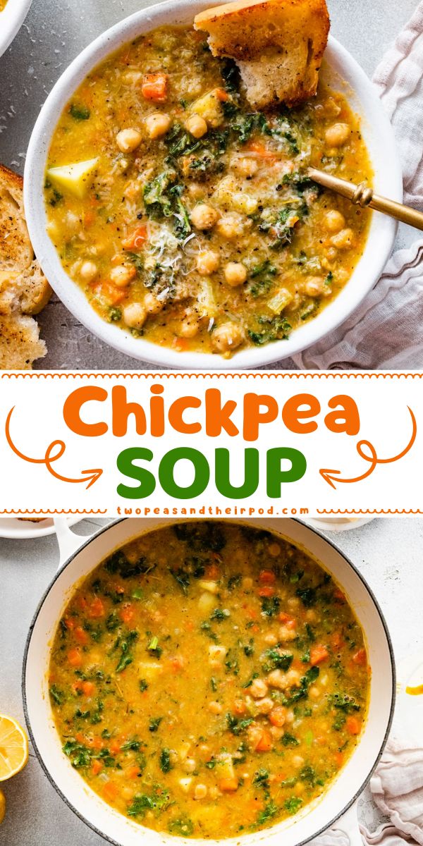 This Chickpea Soup is a hearty and delicious soup that's healthy, satisfying, and full of flavor. This soup recipe is a great addition to your easy Fall comfort food ideas! Chickpea Veggie Soup, Chickpea Soup Recipes Vegan, Vegetable Chickpea Soup, Lemony Chickpea Soup, Chickpea And Rice Soup, Easy Chickpea Soup, Healthy Chickpea Soup, Chickpea Spinach Soup, Chickpea And Spinach Soup