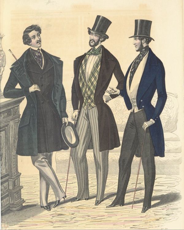 1844:  from the French journal L’Élégant : Journal Des Tailleurs  found in the  Bibliothèque Nationale de France. Victorian Inventions, Mens Victorian Fashion, 19th Century Men, Victorian Men, Victorian Man, 1880s Fashion, Mens Fashion Illustration, 1800s Fashion, 19th Century Fashion