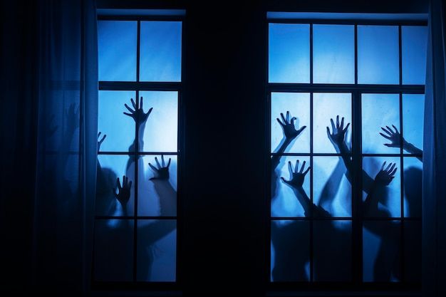 silhouettes of people reaching out of a window with their hands in the air at night