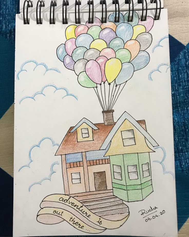 a drawing of a house with balloons flying over it