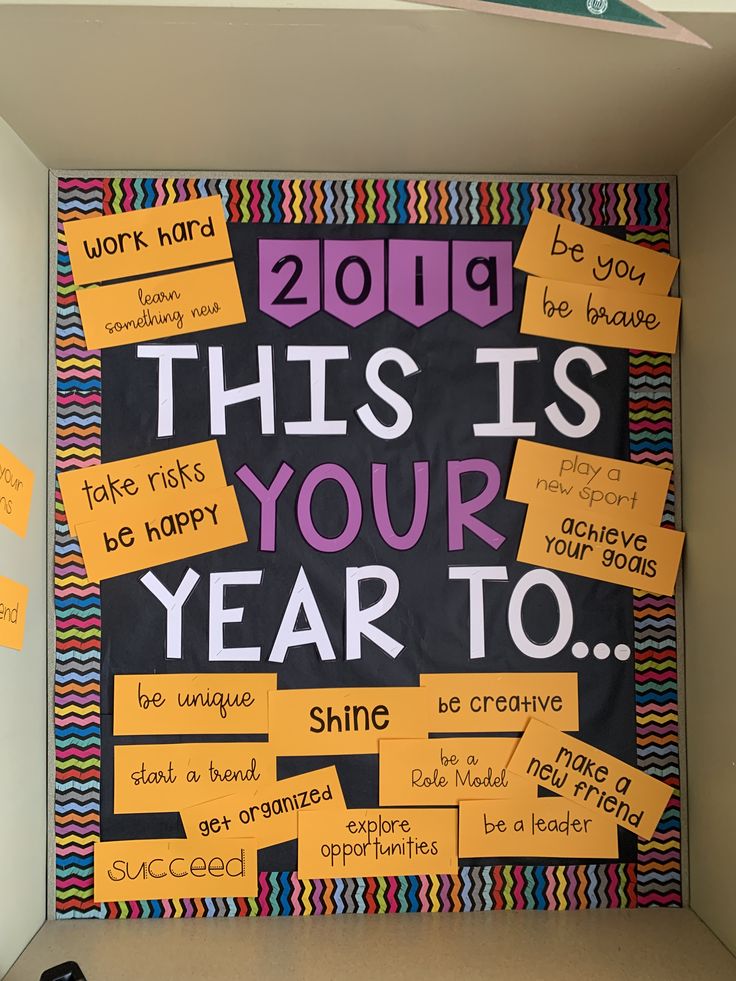 a bulletin board that has been decorated with sticky notes and some writing on the wall