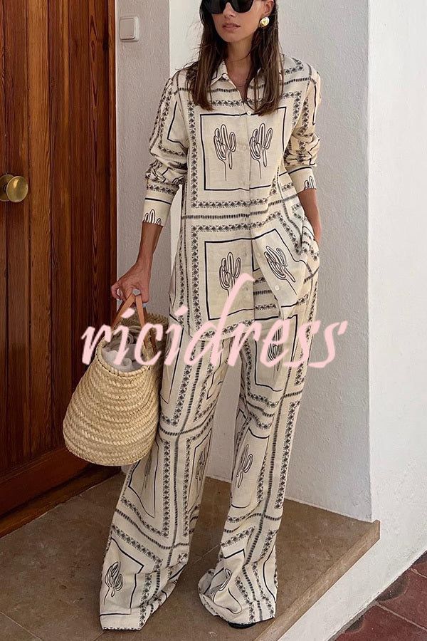 Bassett Linen Blend Elastic Waist Pocketed Wide Leg Pants Beige Long Sleeve Beach Sets, Beige Summer Sets With Straight Pants, Casual Vacation Sets With Straight Pants, Look Hippie Chic, Shirt Collar Styles, Mode Chanel, Vacation Wear, Looks Street Style, Straight Trousers