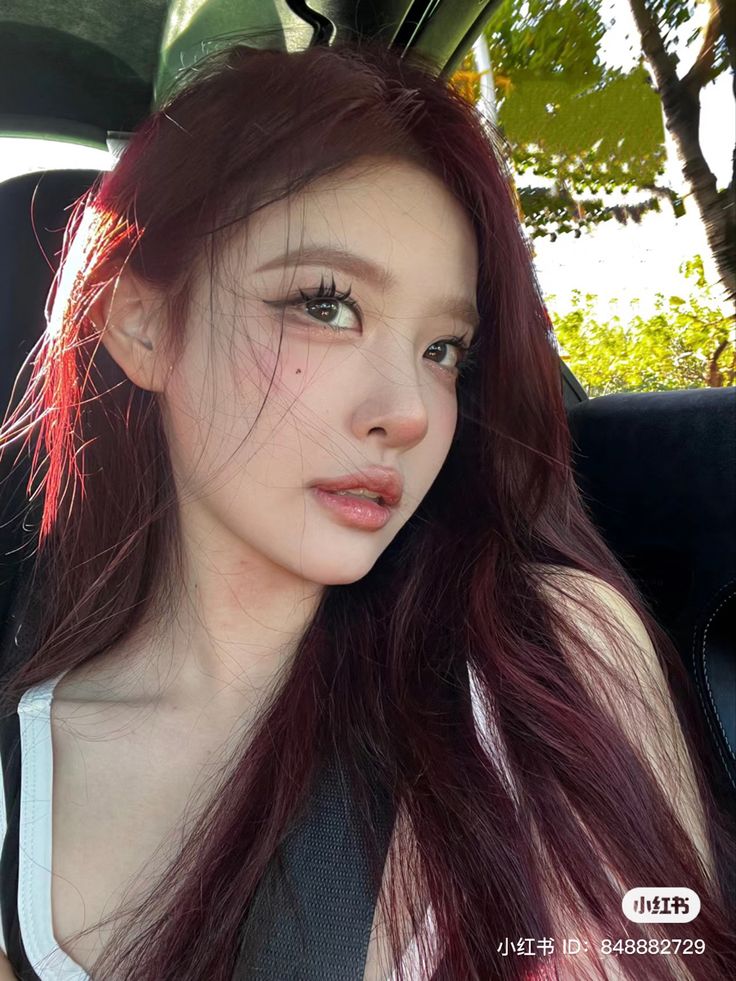 Asian Hair Dye, Asian Red Hair, Wine Hair Color, Red Hair Color Ideas, 2024 Hair Color, Hair Color Asian, Cherry Red Hair, Wine Red Hair, Wine Hair