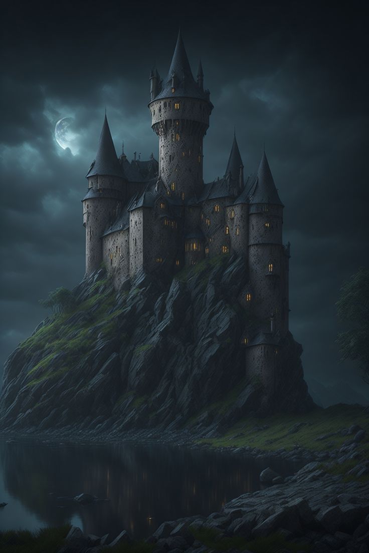 a castle on a hill with water in the foreground and a full moon behind it