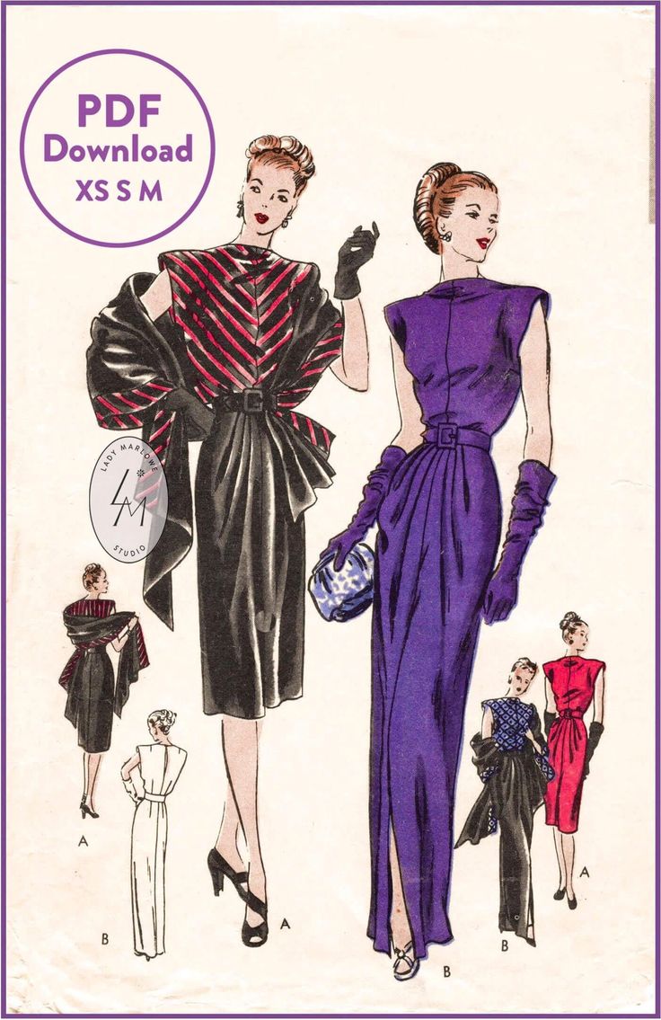 You will receive the following in Size Set 1: XS-S-M / Bust 32-34-36" To purchase Size Set 2, please visit:  This is a PDF pattern available to print at home after instant download. This is a digital download with pattern pieces to full scale. Sewing instructions are included. ★ ★ ★ ★ ★ ★ ★ ★ 1940s film noir dress in long or short lengths. Four-piece skirt has soft pleats in front and joins the blouse at waistline. Blouse front is bias. Bateau neckline. Dropped shoulder armholes. Center back blouse has deep opening. Wide stole with bias fold. ★ ★ ★ ★ ★ ★ ★ ★ Lady Marlowe 2024. All rights reserved.  ★ ★ ★ ★ ★ ★ ★ ★ I strive to give my customers the best possible experience, please feel free to contact me if you have any questions and I will respond promptly :) Thank you for looking and plea Film Noir Dress, Evening Dress Sewing Patterns, Dress Stole, Blithe Spirit, Patron Vintage, Dresses 40s, Draped Skirt, Vogue Patterns, Couture Vintage