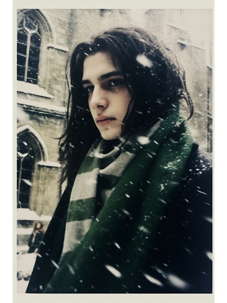 a woman standing in front of a building with snow falling on her face and coat over her shoulders