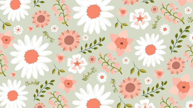 a floral pattern with pink, white and green flowers on a light green background for wallpaper