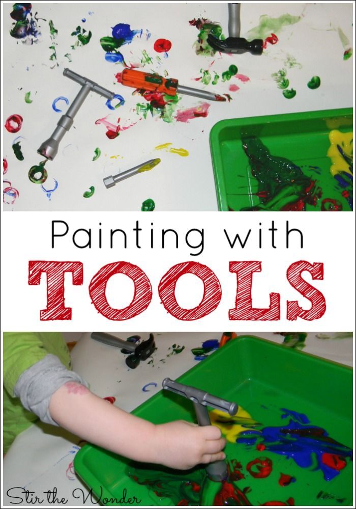 a toddler is painting with tools in the process of making an art project for kids