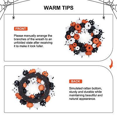 the instructions for how to make a halloween wreath with spider webs and pumpkins