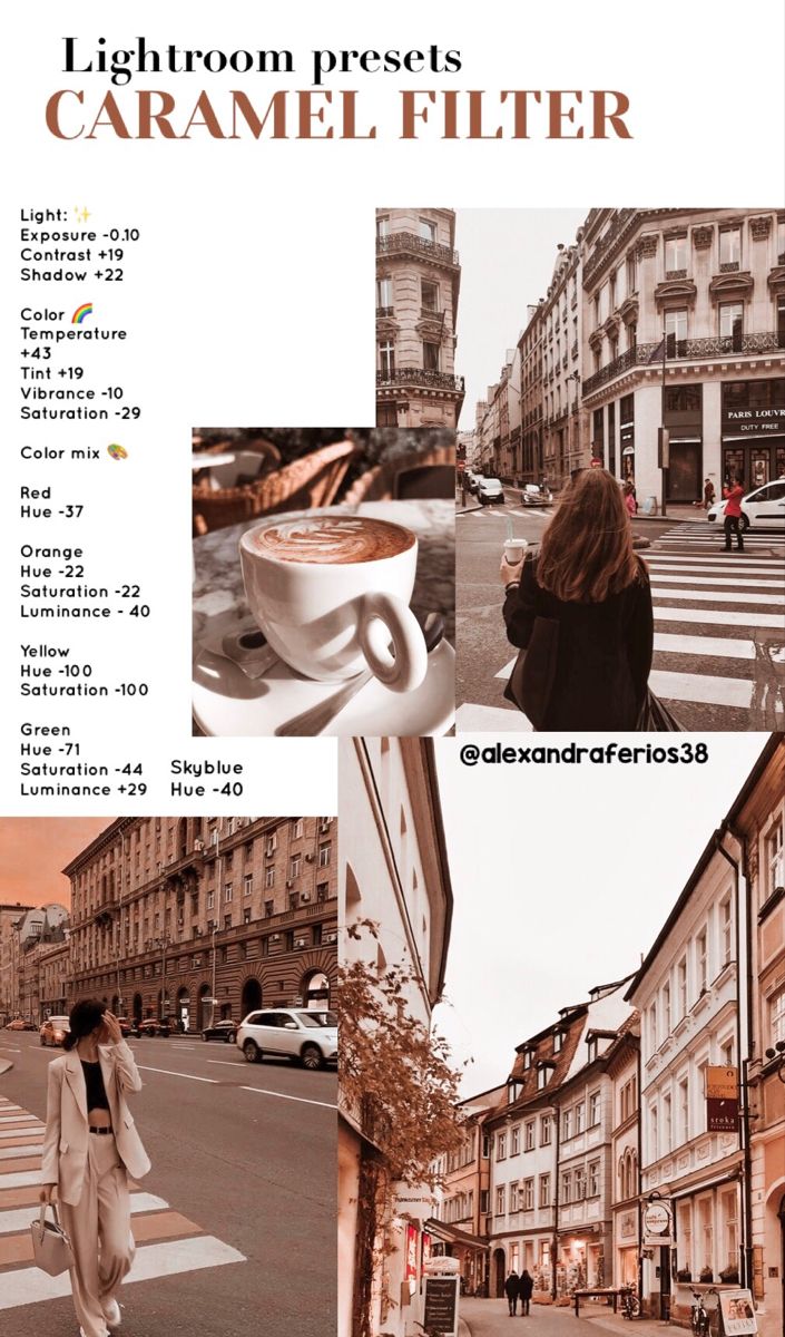 a woman walking down the street with a cup of coffee in her hand and an advertisement for lightroom presets caramel filter