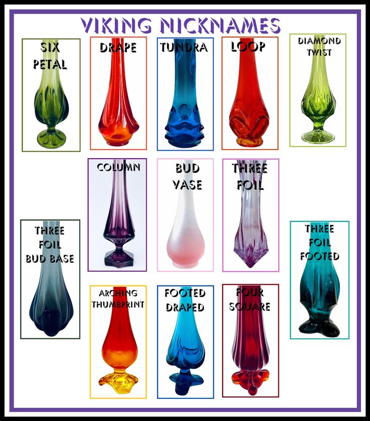 nine different colored glass vases with names on them