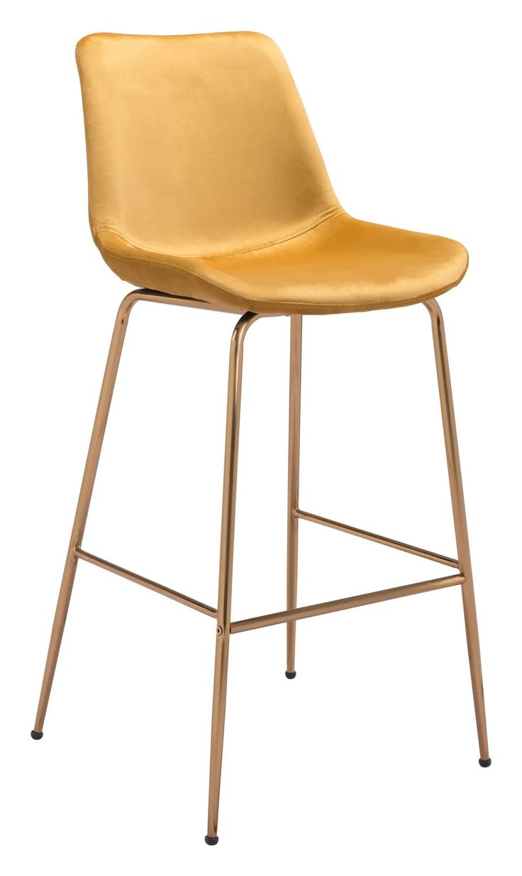 a yellow chair with metal legs and a seat cushion on the back, in front of a white background