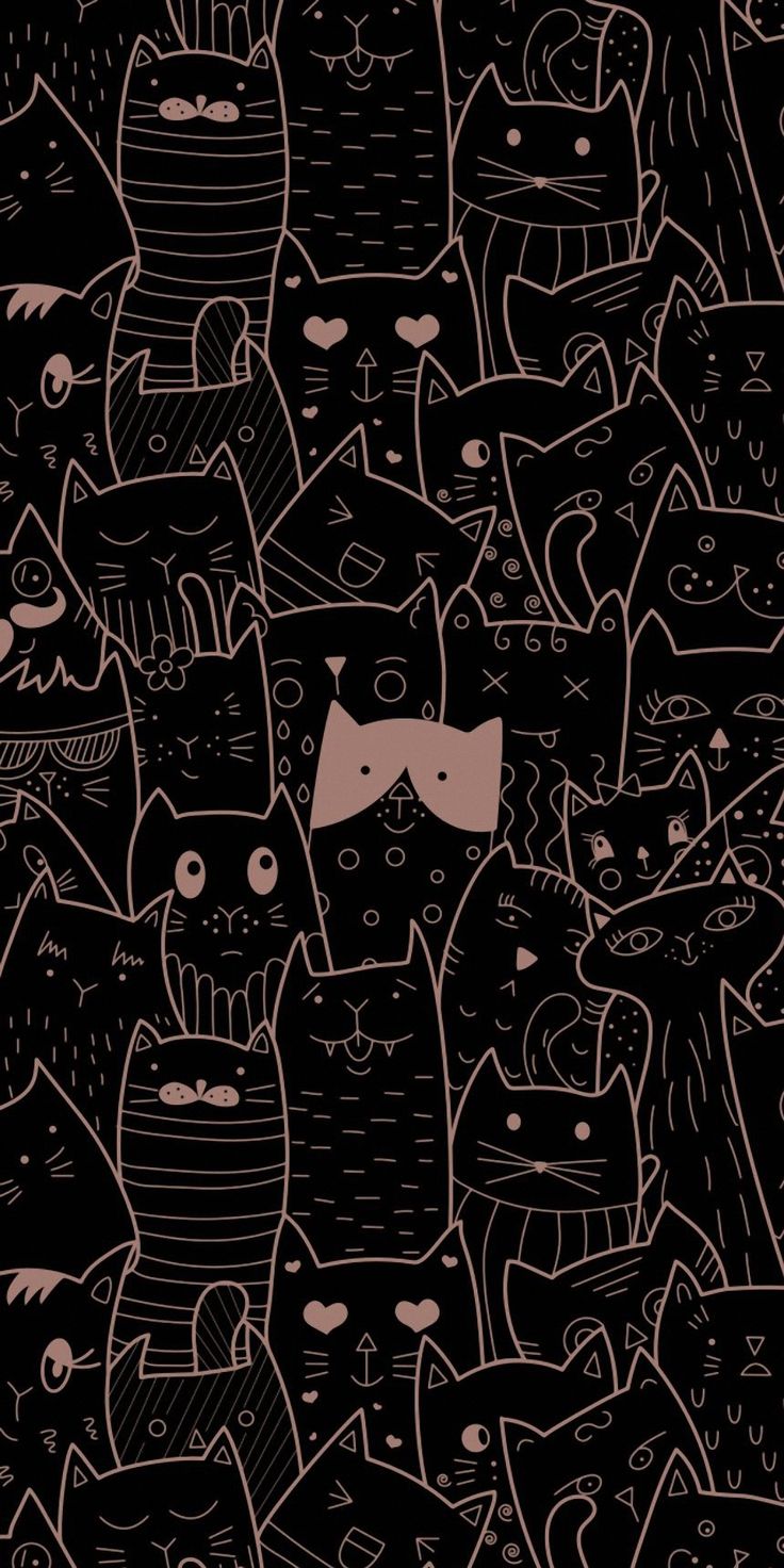 an image of many cats with different faces on black and pink background, one cat has a bow tie around its neck