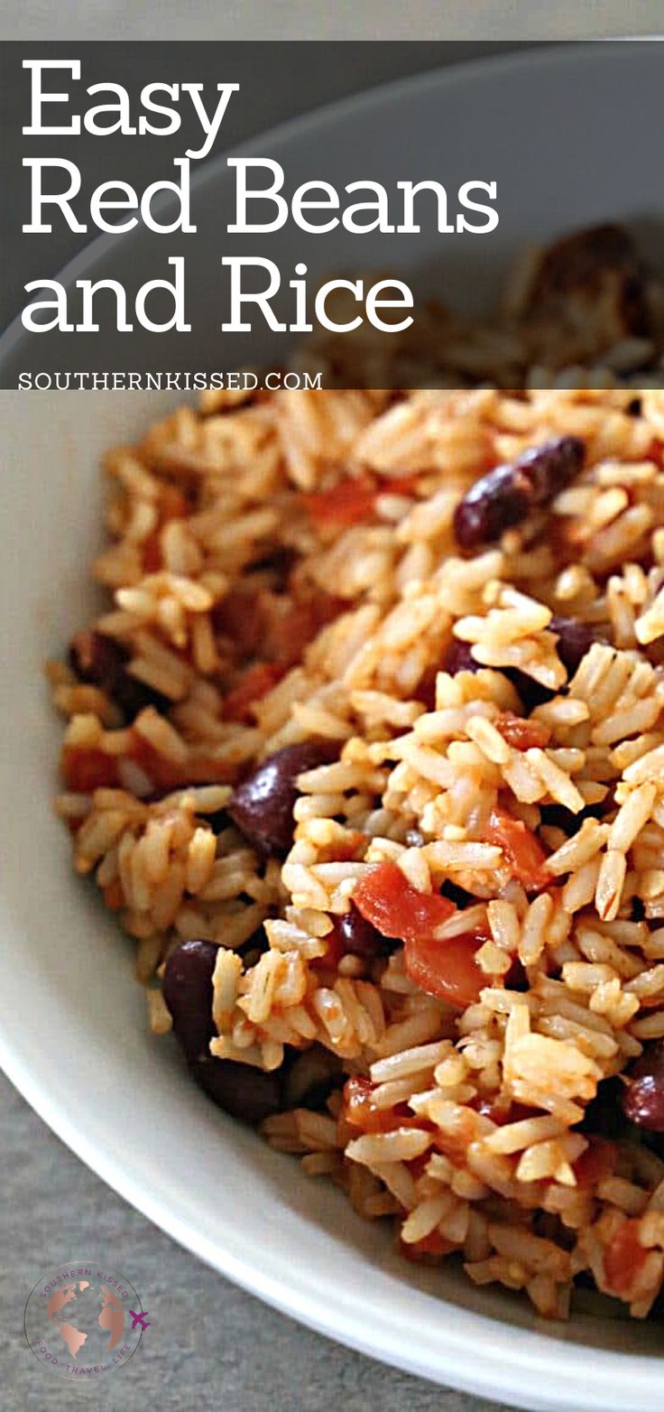 rice and beans in a white bowl with text overlay that reads easy red beans and rice