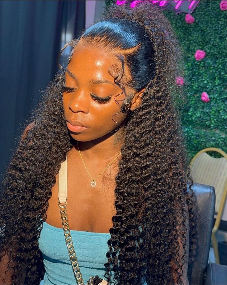 follow for more! Deep Curl Half Up Half Down, Curl Wigs For Black Women, December Hairstyles, Black Bridesmaids Hairstyles, Teenage Hairstyles, Braided Hairstyles For Black Women Cornrows, Frontal Wig Hairstyles, Lace Fronts, Birthday Hairstyles