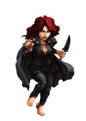 a woman with red hair holding a knife and wearing a black outfit, flying through the air