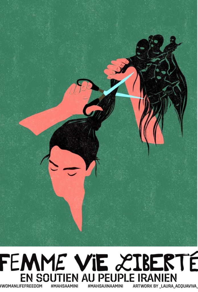 a woman cutting another woman's hair in front of a green background with the words femme vie etere