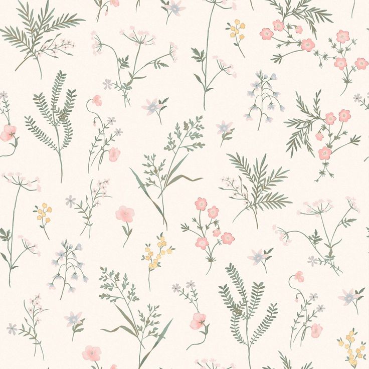 a floral wallpaper with pink, yellow and green flowers on white background in pastel colors