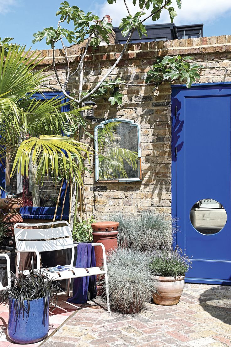 there is a blue door in the middle of some plants and potted planters