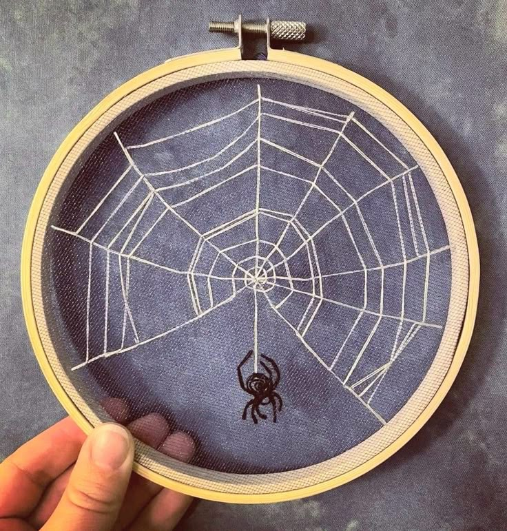 a hand holding a spider web in front of a blue wall hanging on a wooden frame