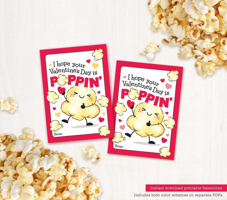 two valentine's day cards with popcorn