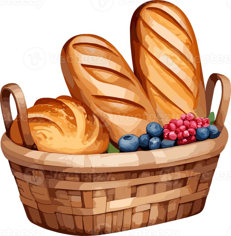 bread and berries in a basket on a white background