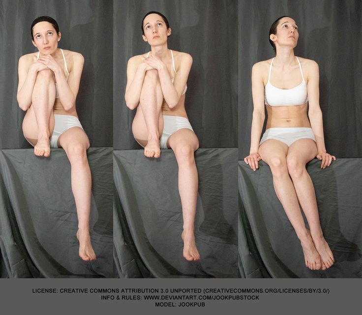 a woman sitting on top of a gray sheet in four different positions with her hands under her chin