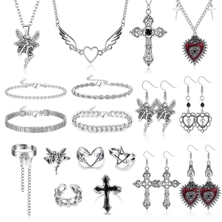 PRICES MAY VARY. 【❂18PCS PUNK JEWELRY SET】❂：The punk grunge set includes 4 pairs of goth chain necklace,which include various elements such as ruby cross heart butterfly pentagram,4 pairs of y2k vintage dangle earrings, 6 punk adjustable knuckle rings, and 4 punk chain silver bracelets. This vintage y2k necklace rings jewelry set combines the current popular fashion elements, multiple gothic style shapes to meet your daily outfit. 【✟HIGH-QUALITY MATERIAL】✟:The aesthetic jewelry punk set are made Romantic Goth Accessories, Emo Accessories 2000s, Y2k Grunge Jewelry, Goth Amazon Finds, Weirdcore Jewelry, Y2k Wishlist, Grunge Rings, Accessories Grunge, Goth Necklaces