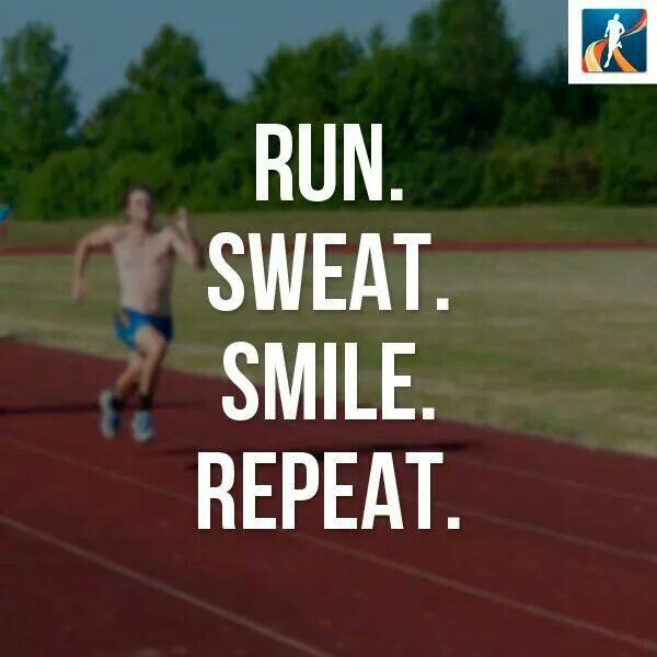 a man running on a track with the words run sweat smile repeat in front of him