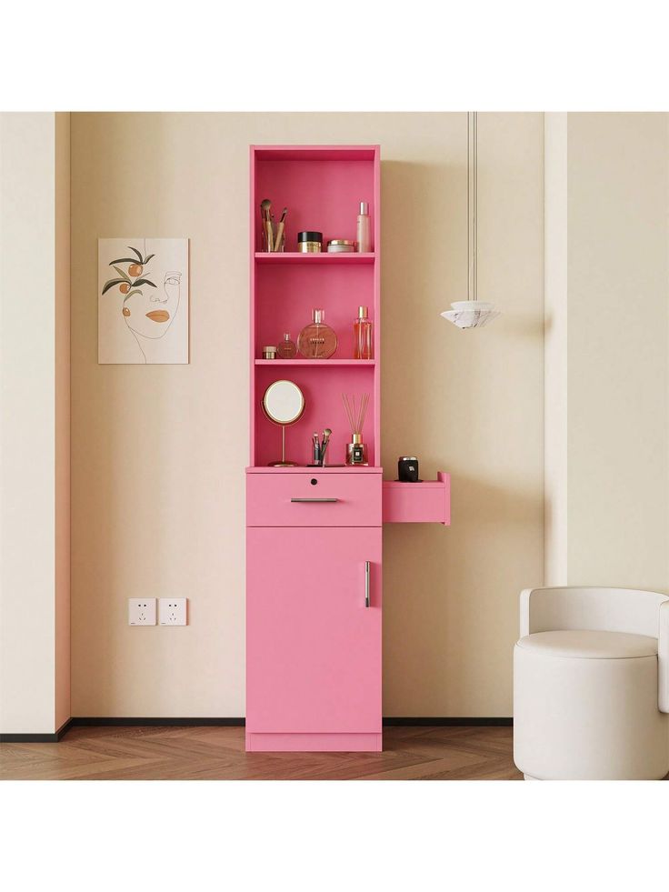 a pink cabinet in the corner of a room