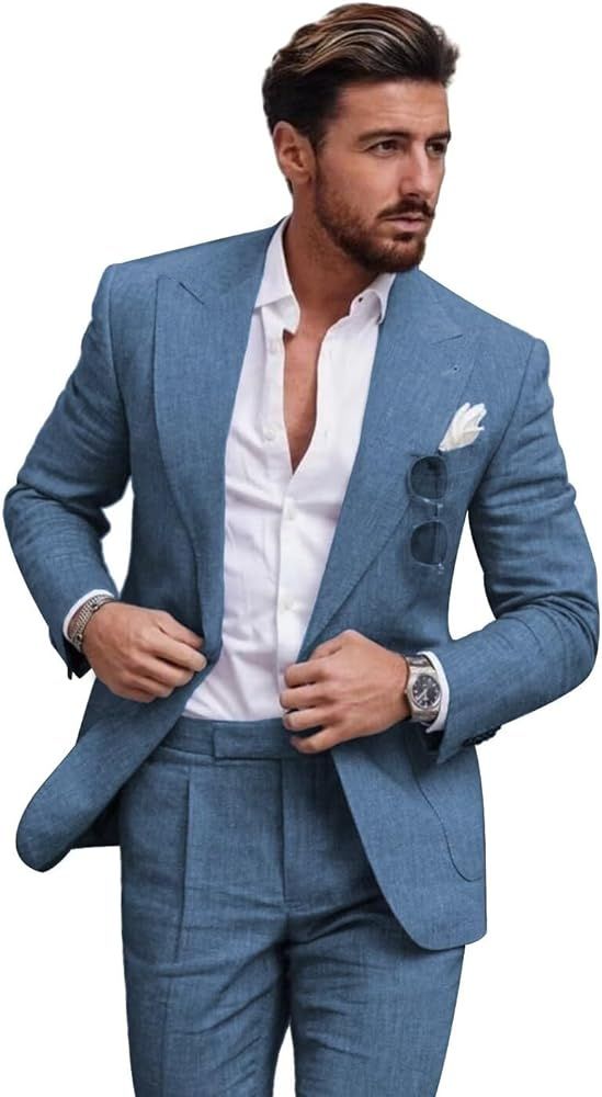 Wangyue Linen Suit for Men 2 Piece Suit Men Wedding Suit for Men Dusty Blue Suit Men Prom Suit for Boys Husband Father,XXS at Amazon Men’s Clothing store Mens Linen Suit, Smart Casual Blazer, Linen Suits For Men, Blazer Casual, Linen Men, Streetwear Jeans, Linen Suits, Tuxedo Wedding, Slim Trousers