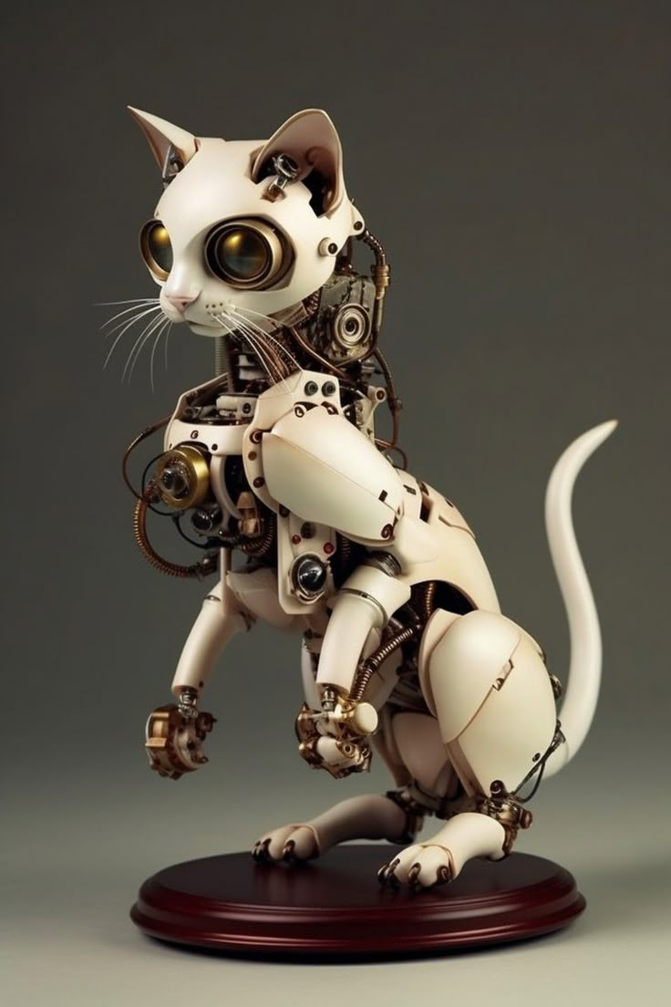 a cat that is sitting on top of a wooden base with mechanical parts around it