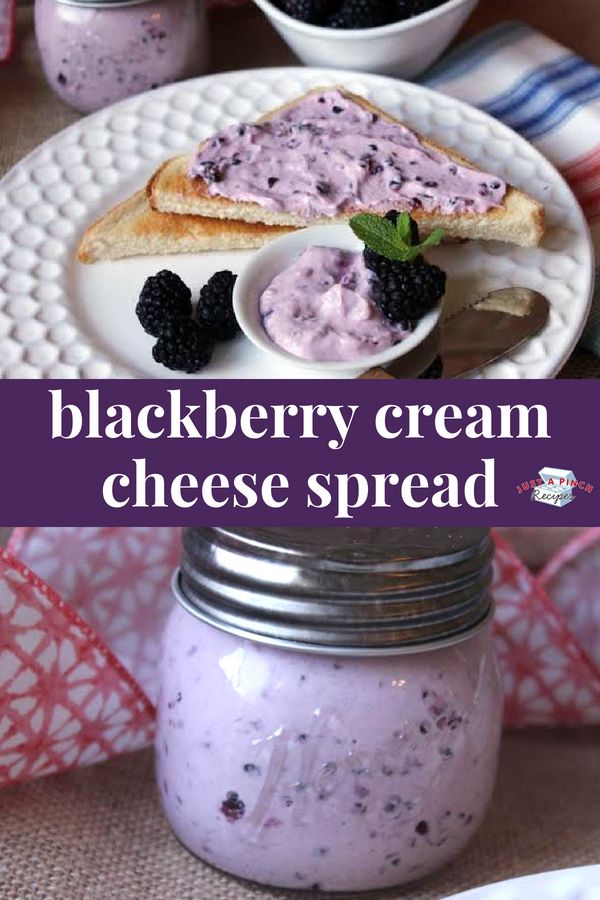 blackberry cream cheese spread in a mason jar on a white plate with berries next to it